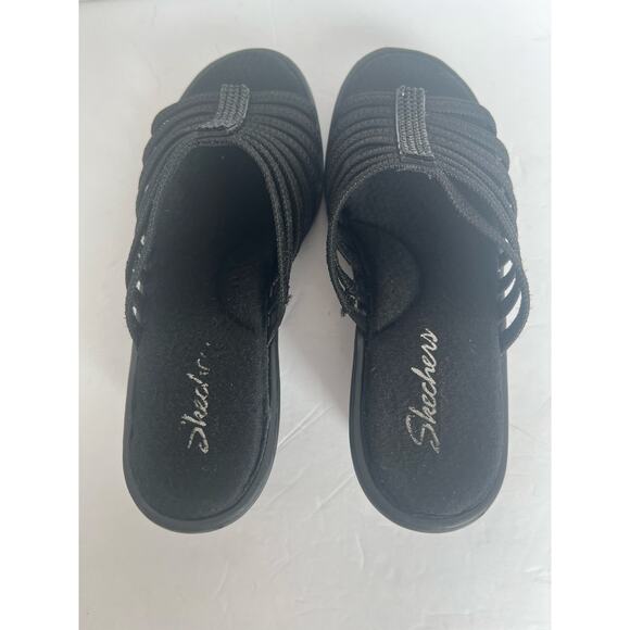 Skechers Rumblers Hotshot Black Rhinestone Wedge Slide Strappy Comfort Sandals 9 - Picture 11 of 14